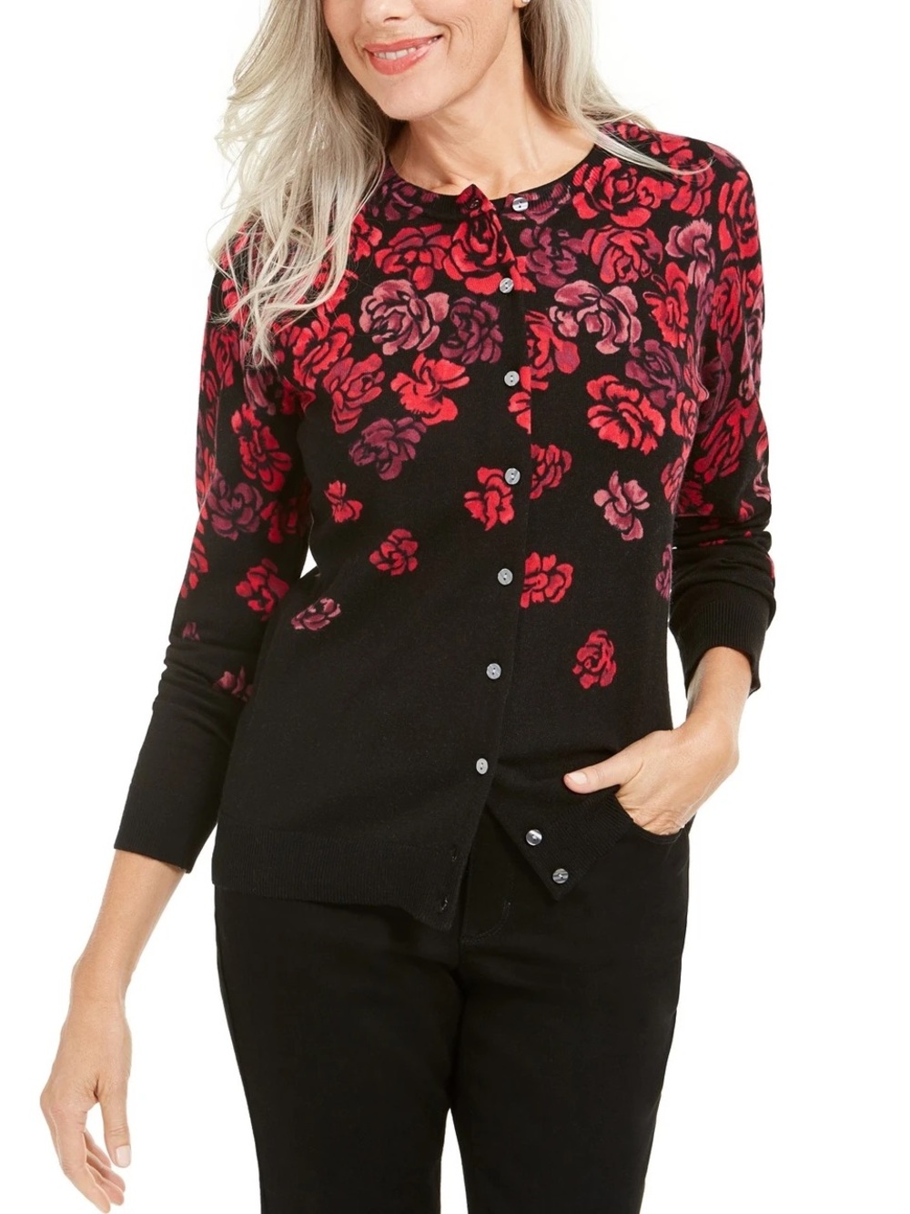 Karen Scott Rose Print Button Down Cardigan